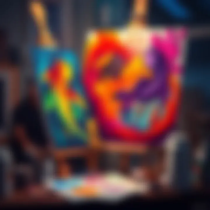 Sober Pisces Creating Art A Pisces individual paints on a canvas, expressing deep emotions through vibrant colors, surrounded by art supplies and a serene atmosphere, reflecting a sense of peace and self-acceptance.