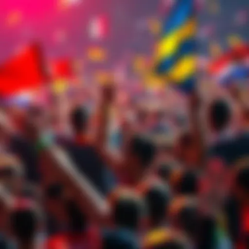 A vibrant crowd of soccer fans cheering with flags and scarves after the World Cup
