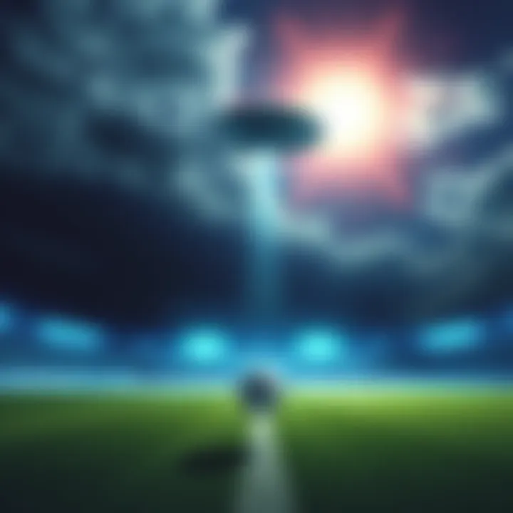 A soccer field under a bright sky with a UFO hovering above, hinting at possible alien presence during the World Cup 2026.