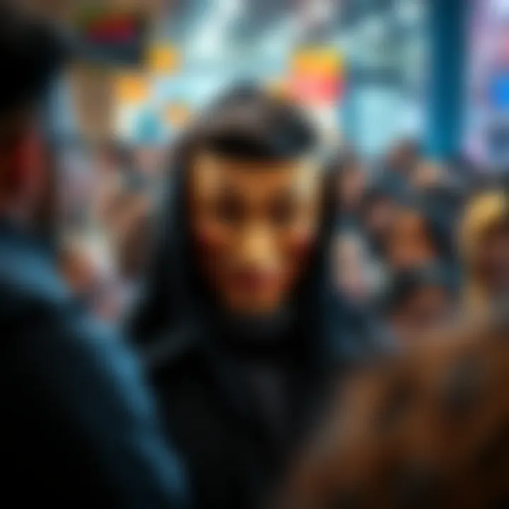 A person unveiling their true self amidst a crowd of smiling faces