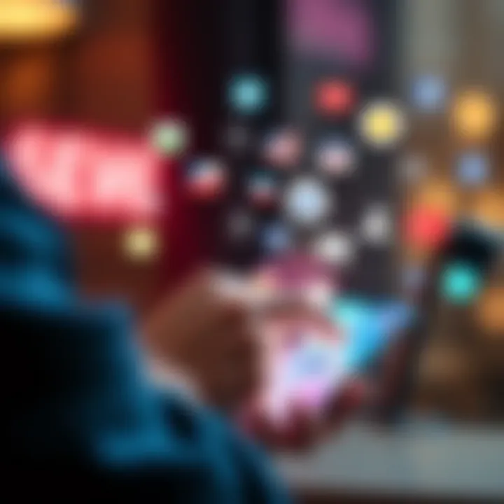 Social Media Algorithms Influence A person scrolling through social media on a smartphone, surrounded by icons representing different political ideologies, indicating the influence of algorithms on personal beliefs.