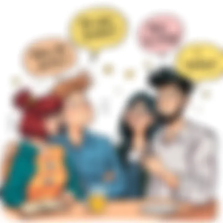 A whimsical illustration depicting friends struggling to understand each other's hints with humorous expressions, featuring colorful speech bubbles with playful hints and mixed signals.