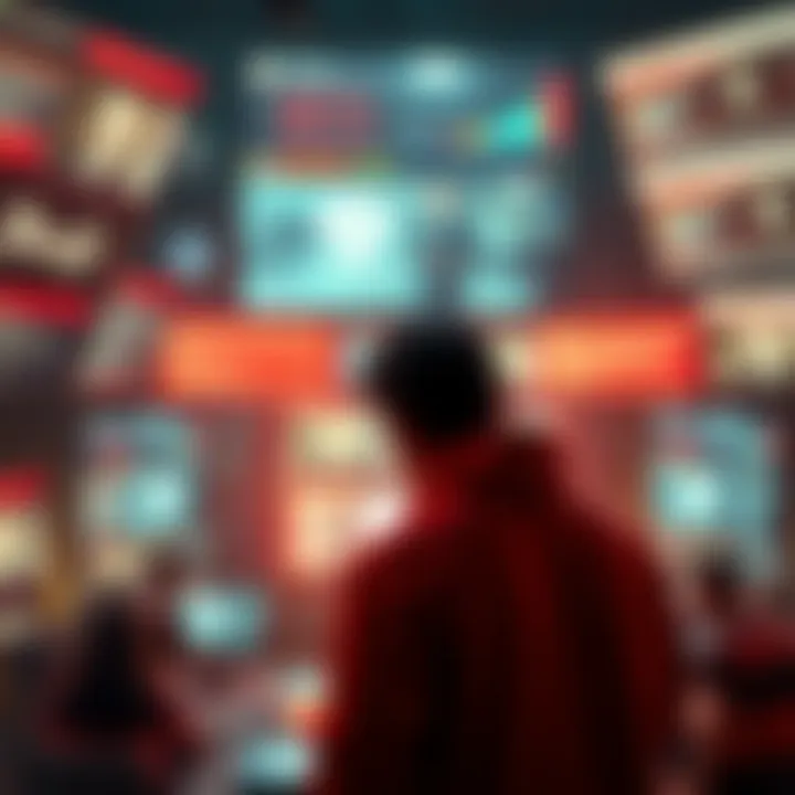 A person manipulating people through social engineering techniques, with a backdrop of screens showing distractions like social media and news feeds.