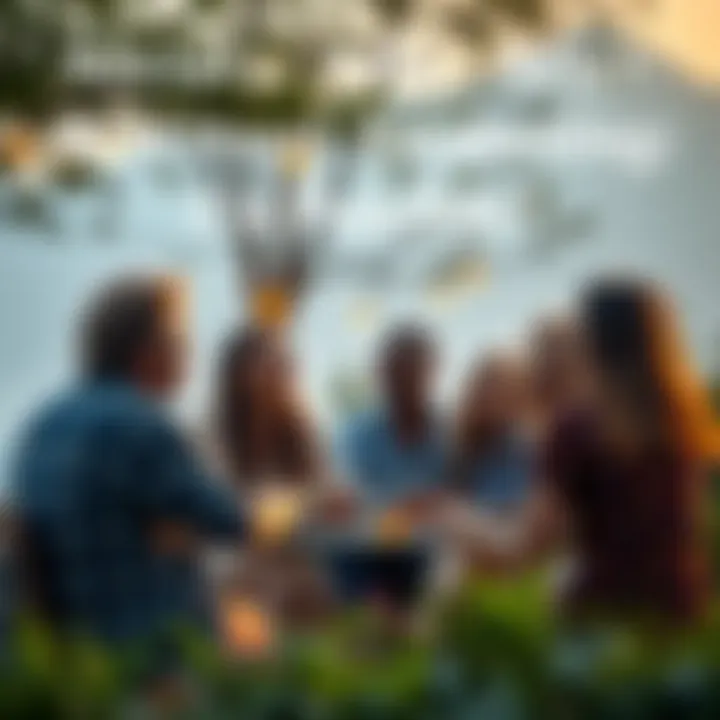 A group of friends engaged in meaningful conversation outdoors, enjoying each other's company after a spiritual awakening