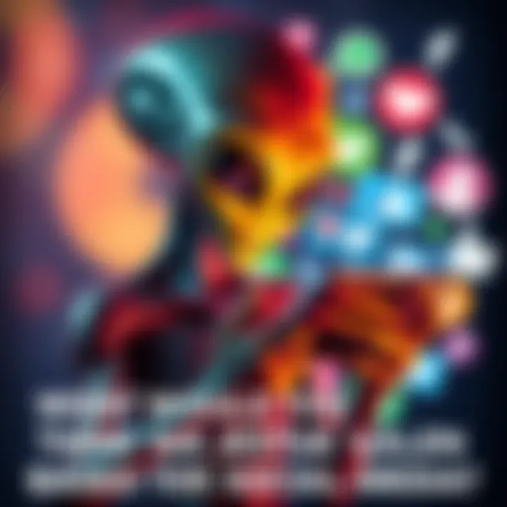 Social Media Icons with Alien An alien holding a smartphone, observing various social media icons like likes and shares, representing human values on social media.
