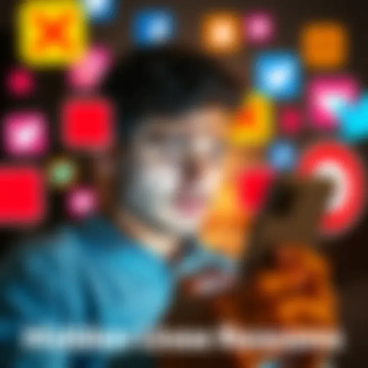 A person looking upset while checking their phone, surrounded by social media icons with a red block symbol over some of them.