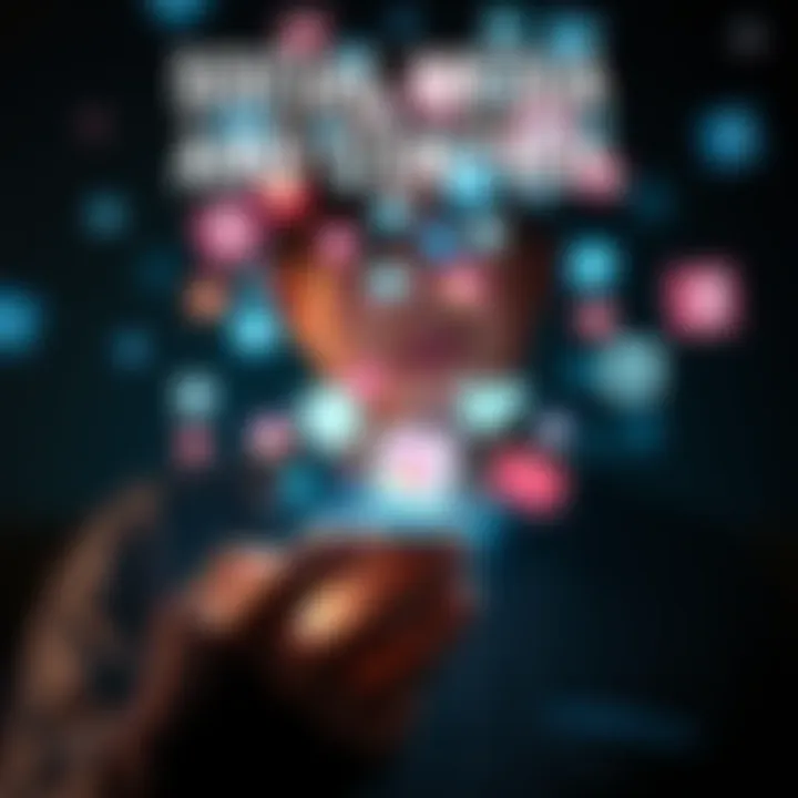 A person using a smartphone surrounded by social media icons, illustrating the influence of online platforms on behavior and perception.