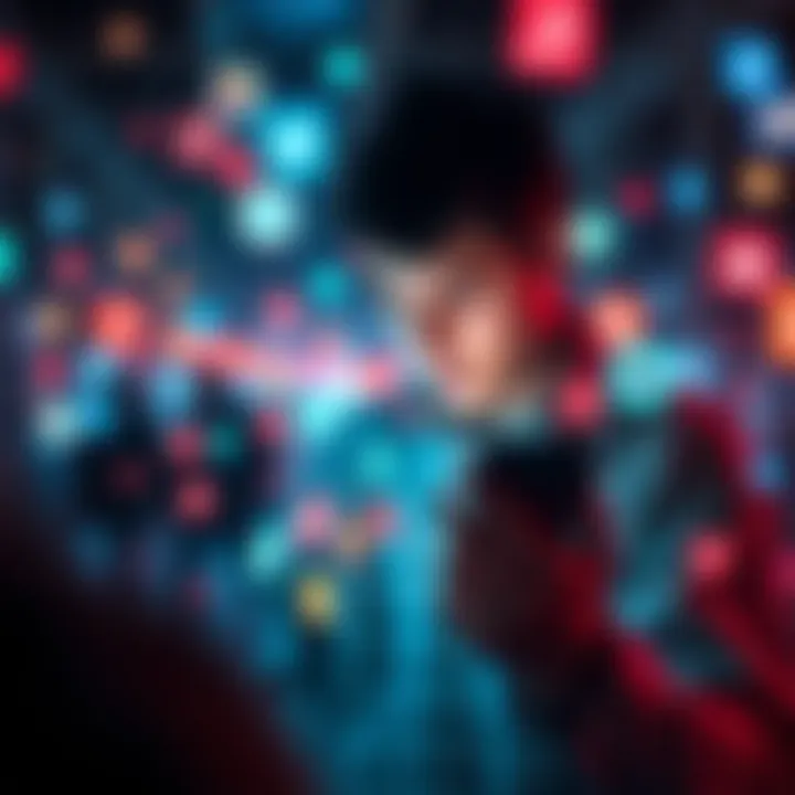 A person scrolling through social media on a smartphone, surrounded by floating icons and notifications, representing a blurred sense of reality.