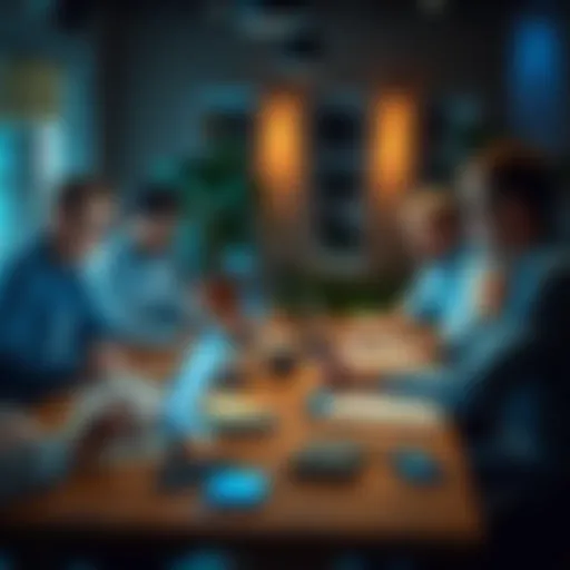 A group of lodge members discussing social media engagement around a table with laptops and smartphones.