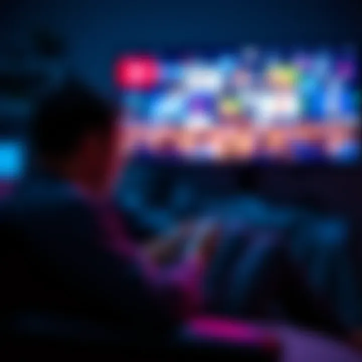 A person sitting with a phone, looking stressed and overwhelmed by social media videos on the screen