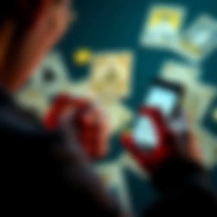 A person looking at their phone, noticing suspicious empty accounts on social media, surrounded by tarot cards