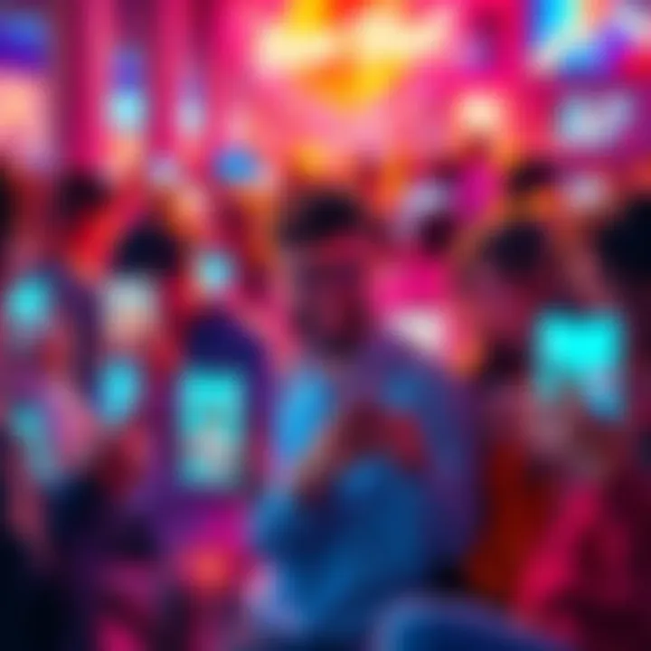 People engaging with popular social media content on various devices, showcasing vibrant posts and reactions