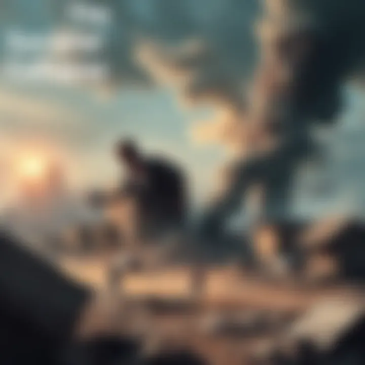 A cityscape showing a divided community, with people in conflict and crumbling buildings, symbolizing societal breakdown.