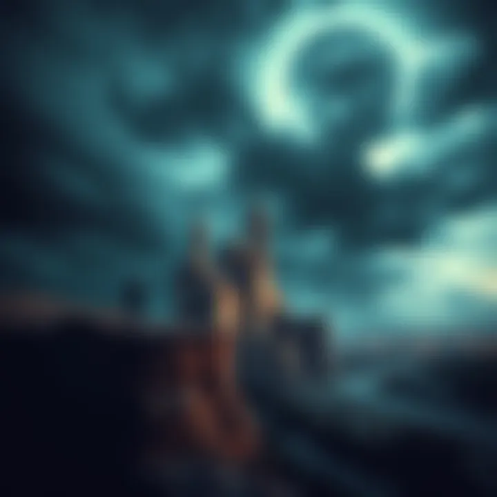 Societal Collapse from Truth A person stands on a cliff looking at a crumbling city under a stormy sky, symbolizing the chaos from revealing hidden truths.