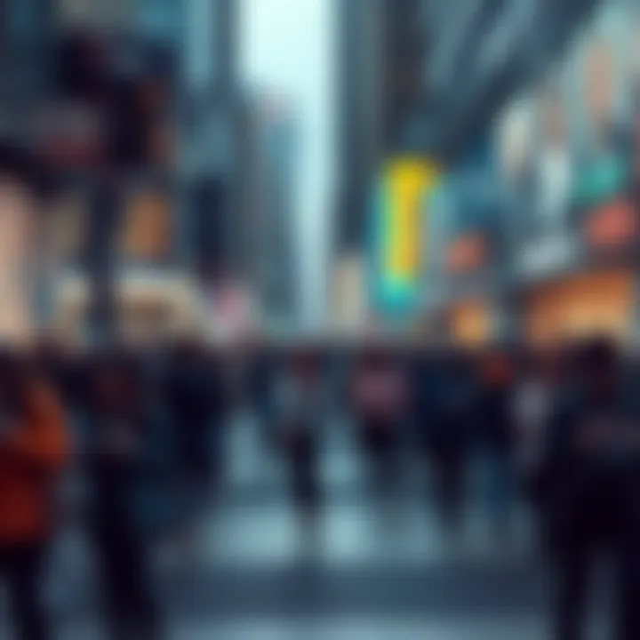 A busy city street filled with people looking at their smartphones and digital screens, illustrating the impact of images on daily life.