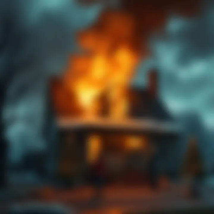 A family home with smoke rising, symbolizing the tragic fire where the Sodder children disappeared, surrounded by festive Christmas decorations.