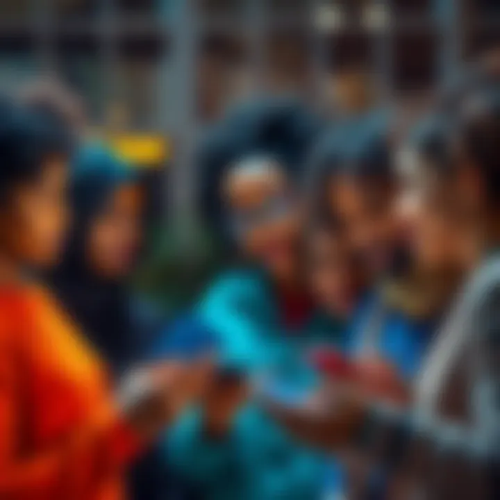 A group of diverse people discussing news with smartphones in hand, showing interest and curiosity
