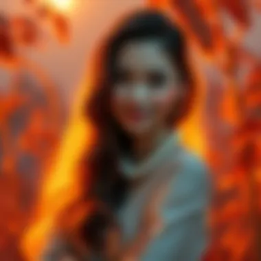 A calm Aries woman with gentle demeanor, embodying soft-spoken traits, surrounded by warm colors and a serene setting.