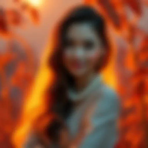 A calm Aries woman with gentle demeanor, embodying soft-spoken traits, surrounded by warm colors and a serene setting.