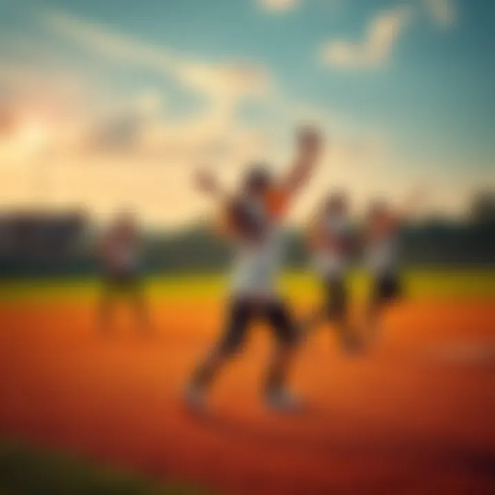 A softball team practicing synchronization techniques during a game, showing players coordinating their movements on the field.