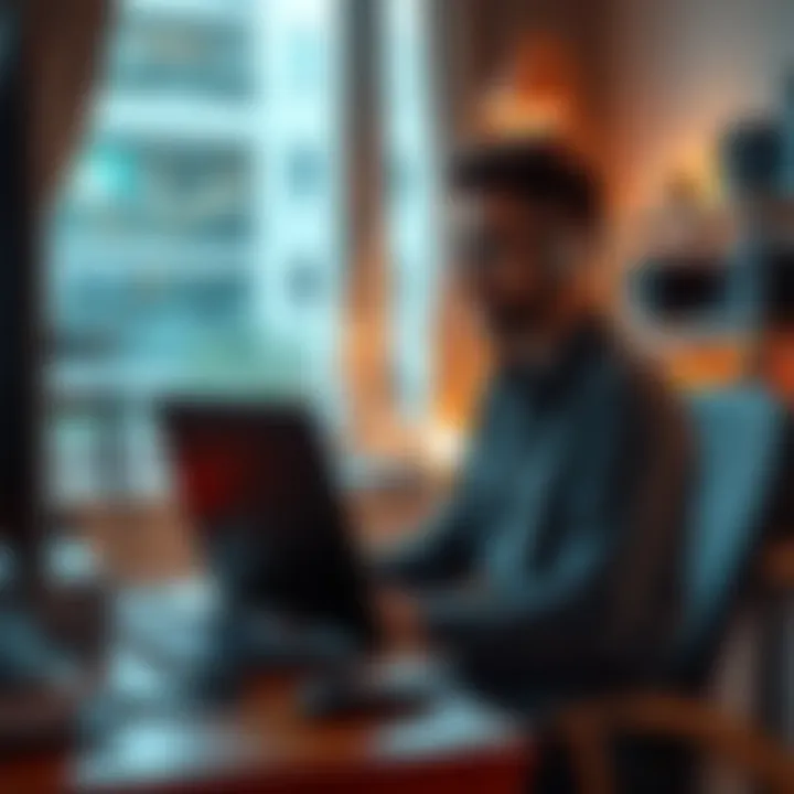 A software engineer sitting at a desk with a laptop, working from home in a cozy environment.