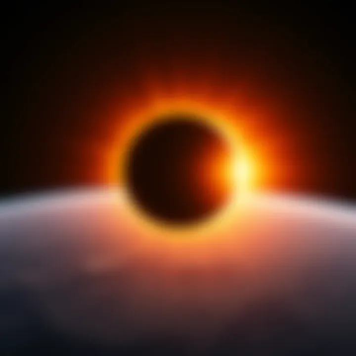 A solar eclipse showing the Moon perfectly aligned between the Earth and the Sun, revealing the Sun's corona.