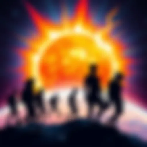 An illustration showing vibrant solar flares emitting from the sun impacting Earth, with silhouettes of people experiencing changes in their abilities, surrounded by a glowing aura.