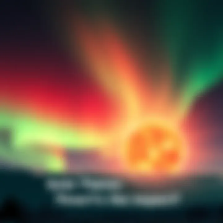 Bright red auroras lighting up the night sky with solar flares in the background