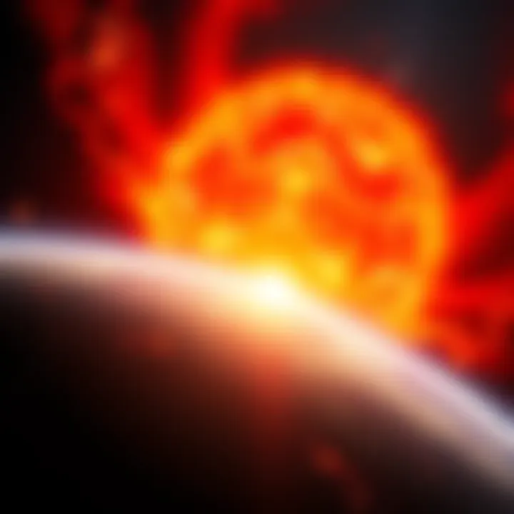 Artistic representation of a massive solar storm impacting Earth, showing vibrant solar flares and a darkened planet.