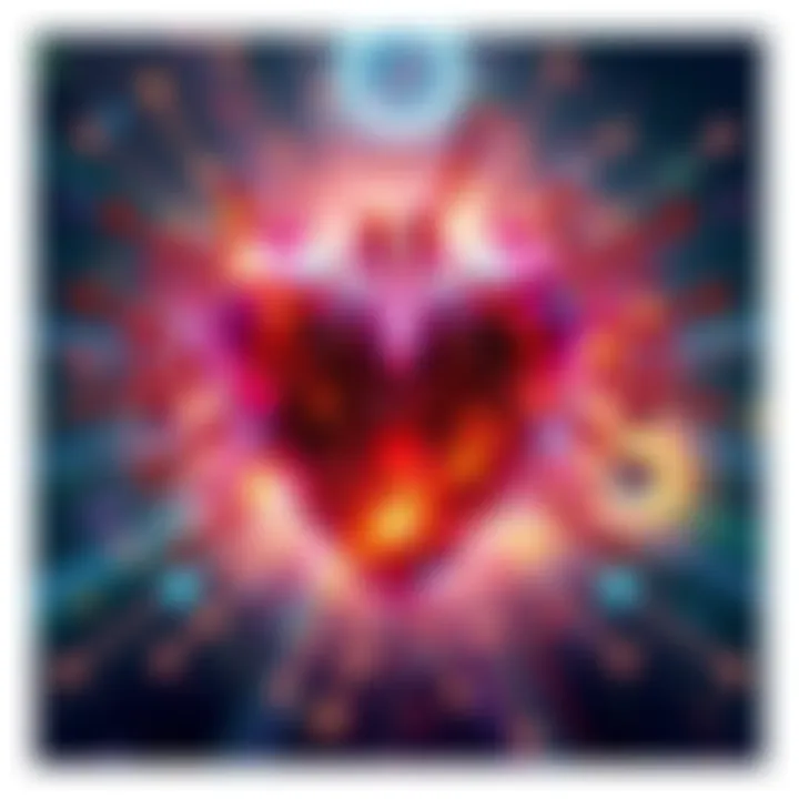 A vibrant artwork showing the fusion of technology and nature, with a central heart shape representing creativity in solarpunk culture.