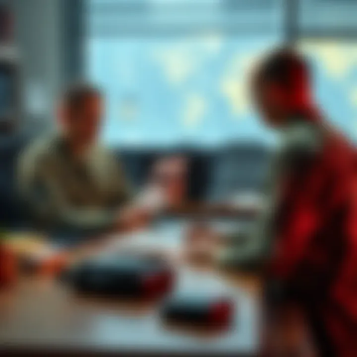 A soldier sitting at a desk reviewing benefits options with a military official