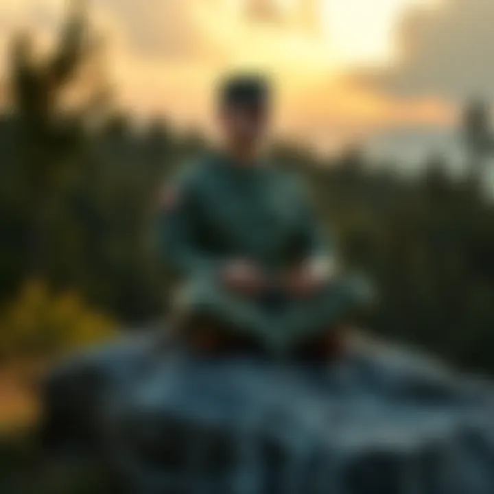 A soldier in military uniform sitting peacefully on a rock, surrounded by trees and a serene landscape, practicing meditation to find inner peace after facing bullying.