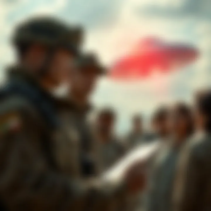 A soldier recounts his experiences with a UFO in Brazil, surrounded by a group of curious people.