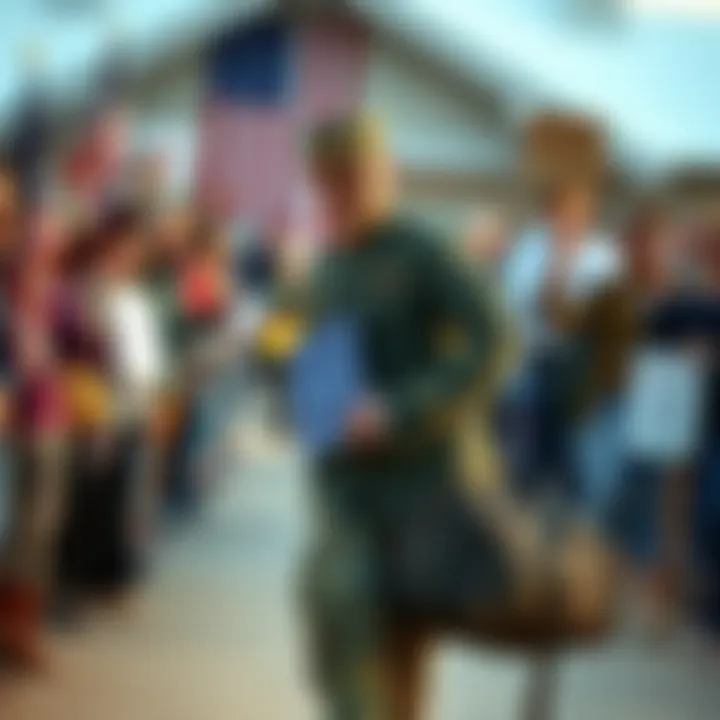 A soldier in uniform walking towards a welcoming crowd, smiling as he carries a duffle bag, with family members holding signs and waving in the background.