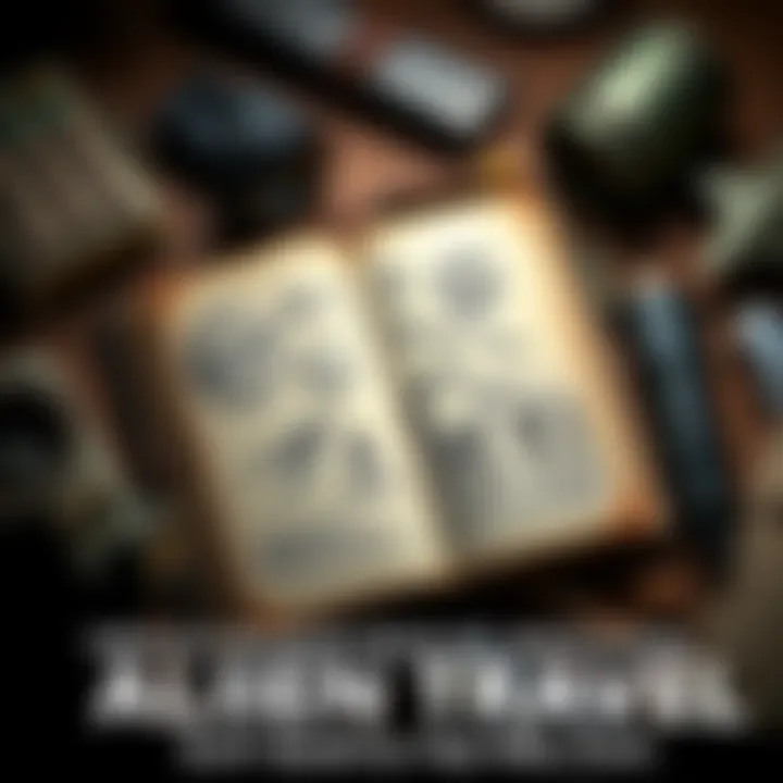 A soldier's diary opened to a page with sketches of alien planets and extraterrestrial beings, surrounded by military items.