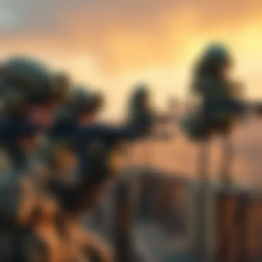 Spanish soldiers at a military base aim weapons at large humanoid figures in the distance, showing expressions of surprise and caution.