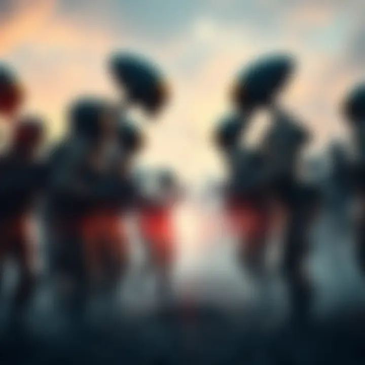 Soldiers confronting aliens A group of soldiers stands face-to-face with extraterrestrial beings in a tense standoff, showcasing a surreal confrontation.