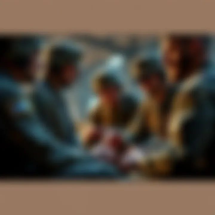 A group of soldiers engaged in a serious discussion, reflecting on military ethics and moral responsibilities.