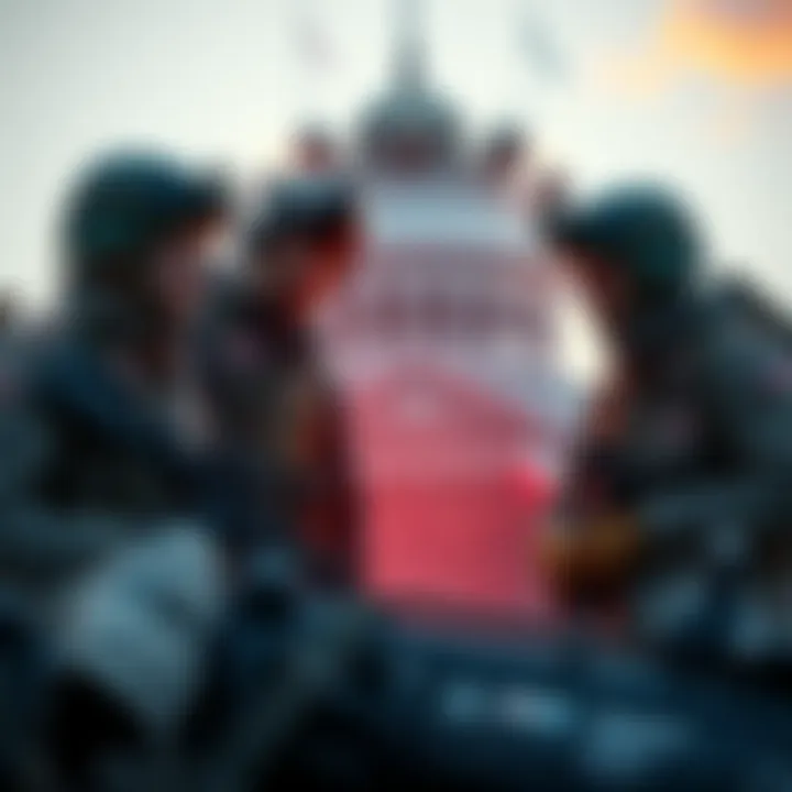 Soldiers discussing military strategy Group of soldiers in military gear talking about the Iran conflict and divine plans