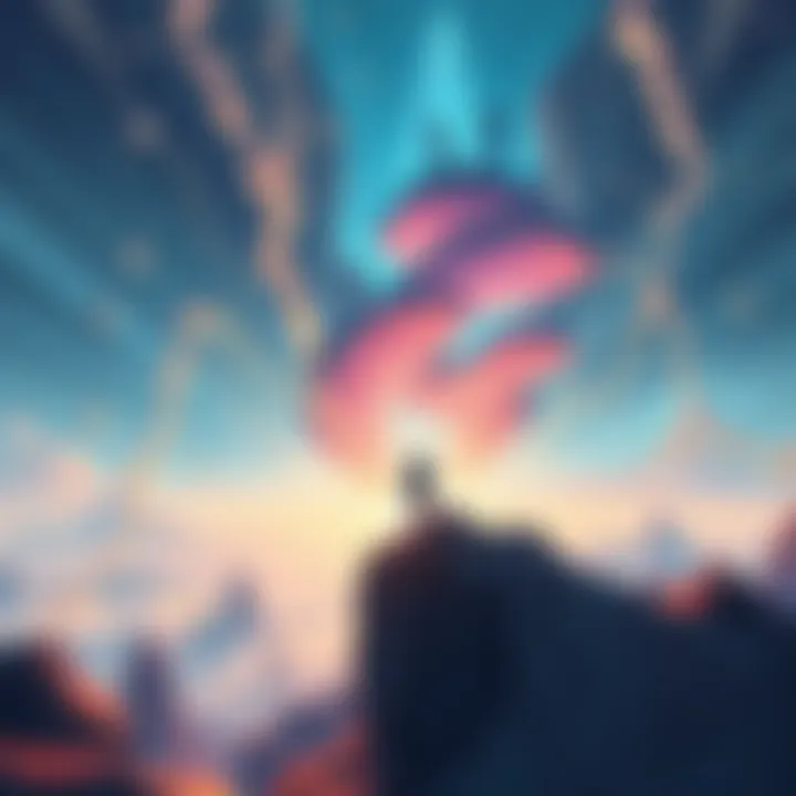 An abstract representation of solipsism illustrating a dream-like reality with floating figures symbolizing people as dream characters, surrounded by a surreal landscape.