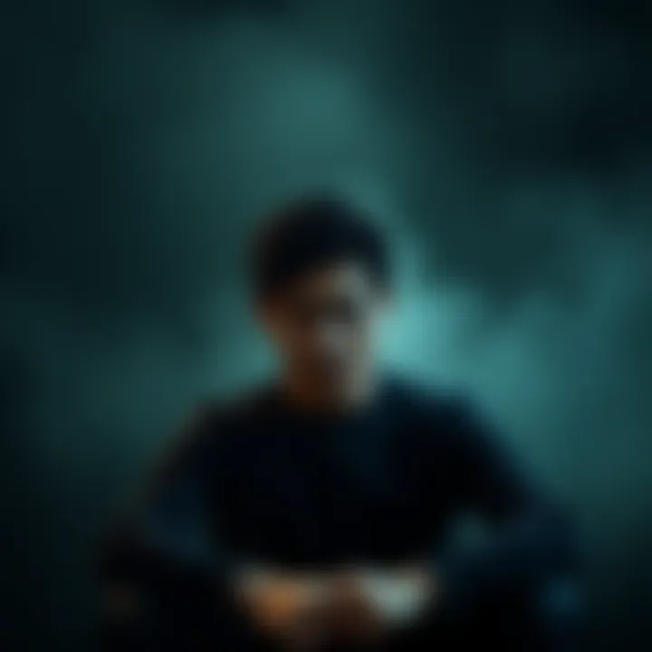 Person experiencing panic A person sitting alone with a distressed expression, surrounded by a blurred, dark background symbolizing isolation and confusion.