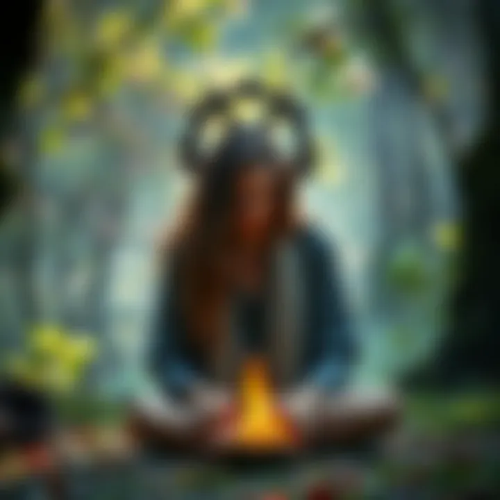 Solitary Wicca Practitioner A person practicing Wicca alone in a serene outdoor setting surrounded by nature, focused on rituals and personal reflection.