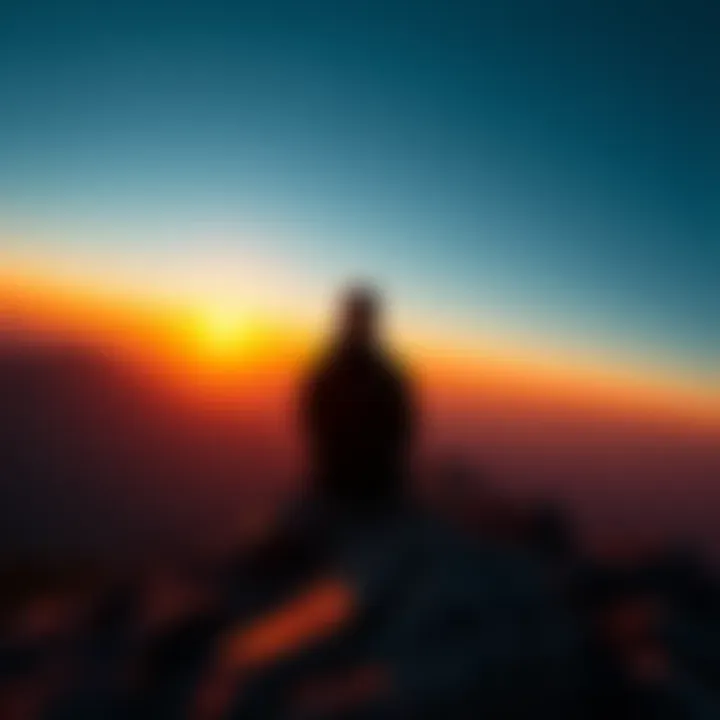 A person sitting alone on a mountain top, looking out over a vast landscape during sunset, symbolizing self-reflection and enlightenment