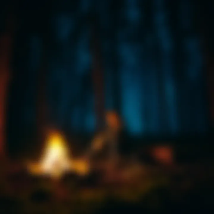 A person sitting by a campfire in a dark forest, looking anxious as shadows loom around them.