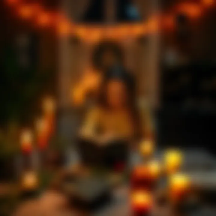 A person sitting at a table surrounded by candles, herbs, and a book of shadows, focused on witchcraft rituals alone at home.