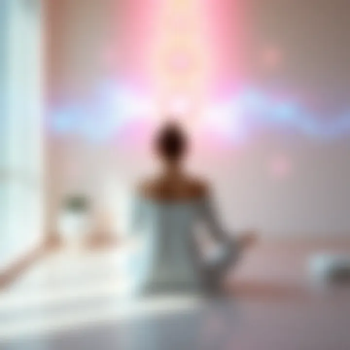A person meditating in a calm space with soft lighting, surrounded by soothing colors and energy flow graphics, representing healing and emotional clarity in a Zoom session.