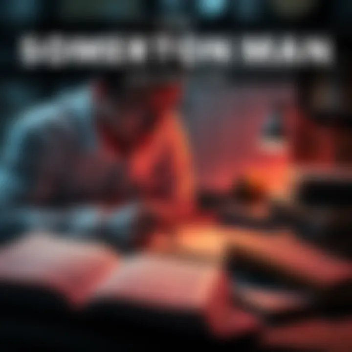 Somerton Man Code Analysis A researcher examines a cryptic code linked to the Somerton Man, with books and notes scattered around, hinting at deep literary connections.