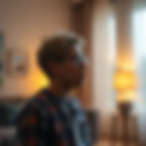 A son stands in his living room, looking surprised and emotional as he listens to a voice he recognizes as his late mother’s. A warm light fills the room, symbolizing connection and love beyond life.