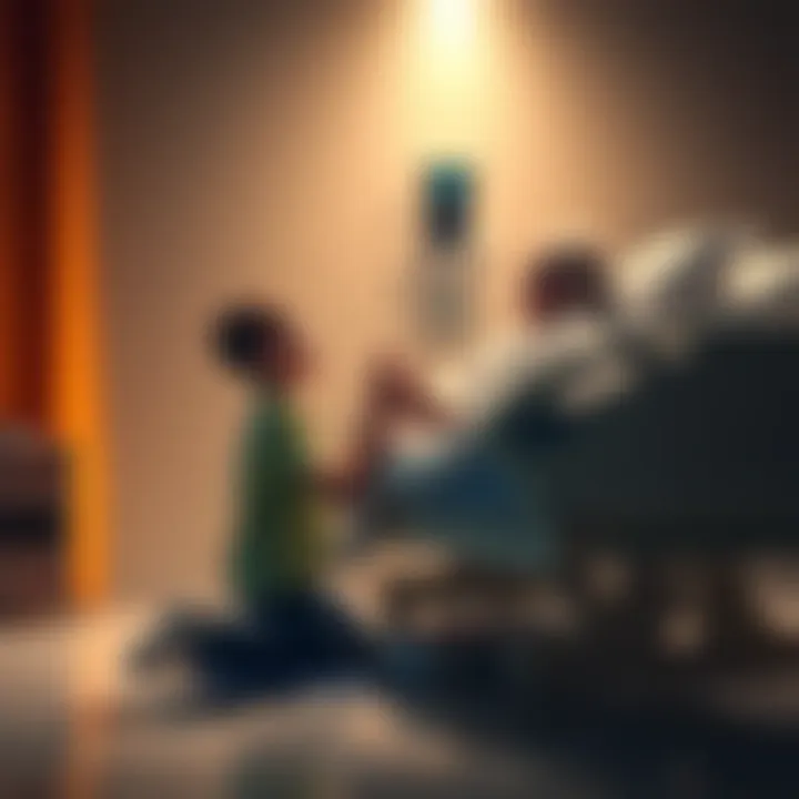 Son praying for father's health A son kneeling in prayer beside his hospitalized father, holding hands as they seek healing together.
