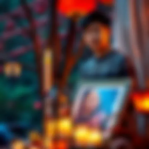 A young man stands by a candlelit memorial for his father, holding a framed photo and looking contemplative.